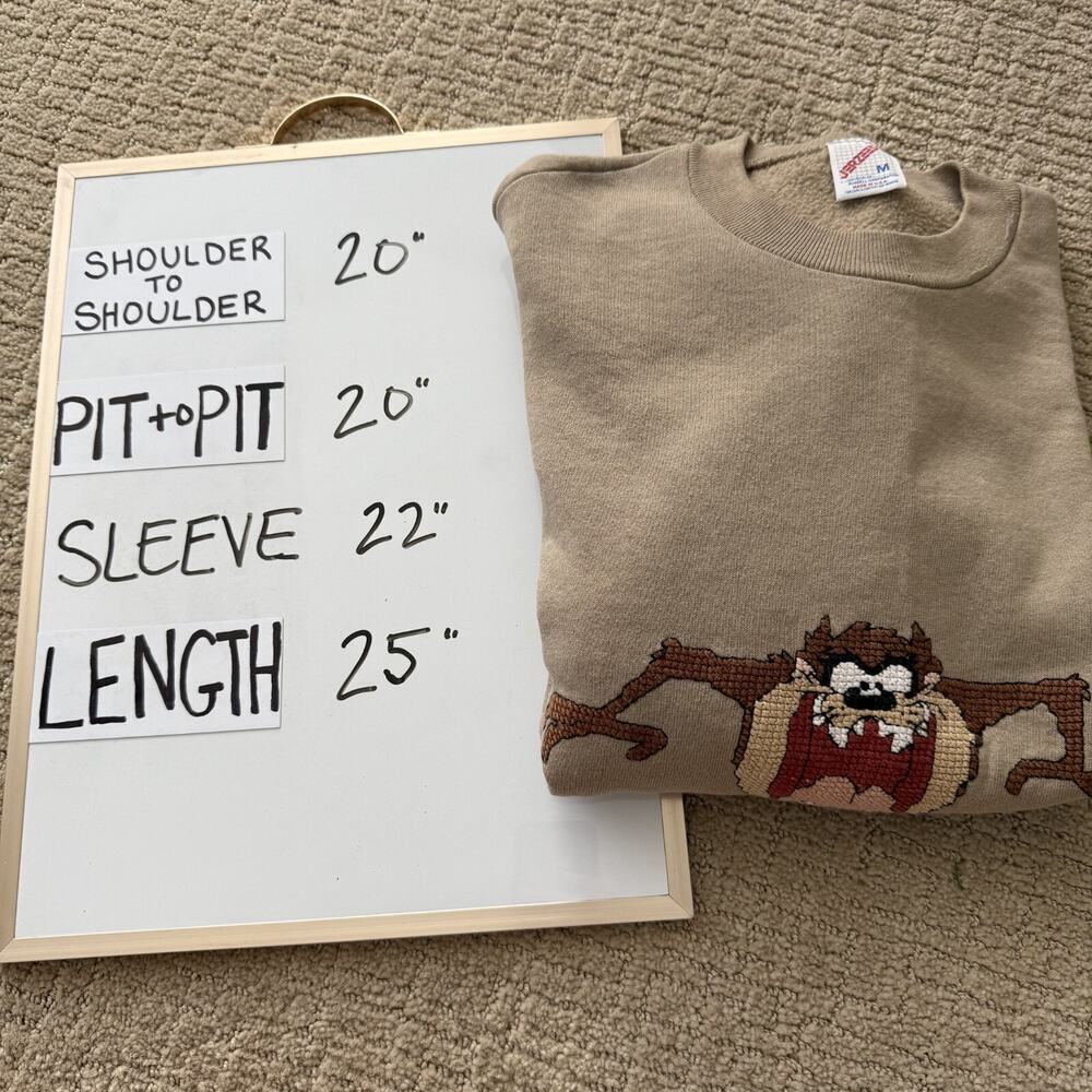 Vintage Taz Looney Tunes Sweatshirt Mens Medium Tan Cross Stitch Jerzees Unisex - Picture 10 of 10